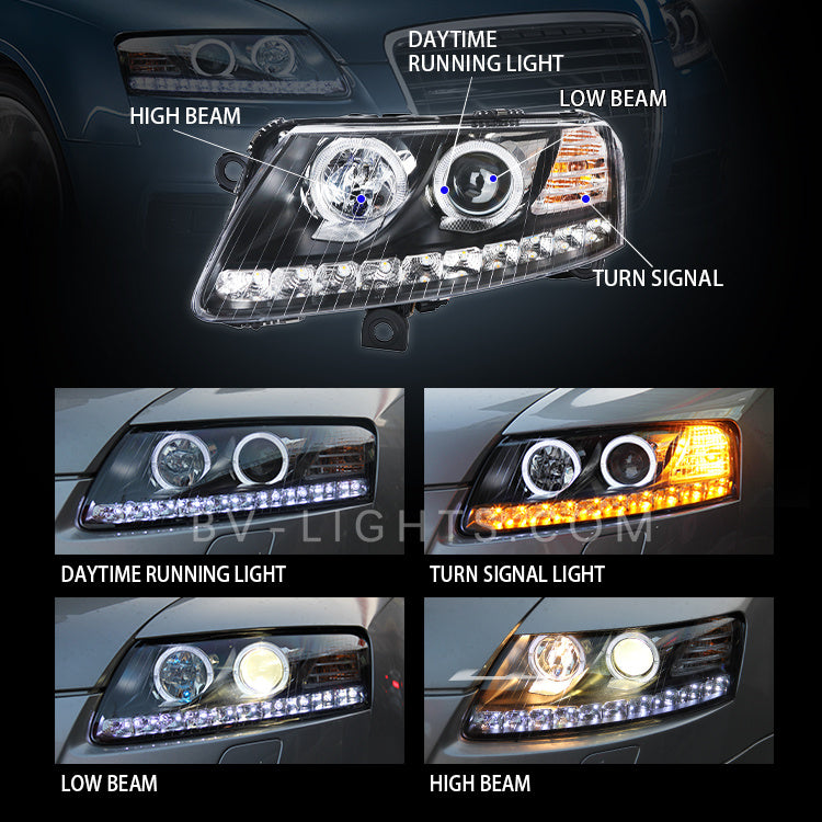 2005-2008 Audi A6 / S6 / RS6 C6/4F 4D Sedan & 5D Wagon For Xenon Model  Facelift '09'11 Style LED Strip Projector Headlight - Unique Style Racing