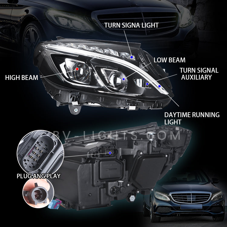ACANII - For [Halogen Model upgrade] 2015-2018 Mercedes-Benz W205 C-Class  Full Projector Headlights Headlamps Left+Right